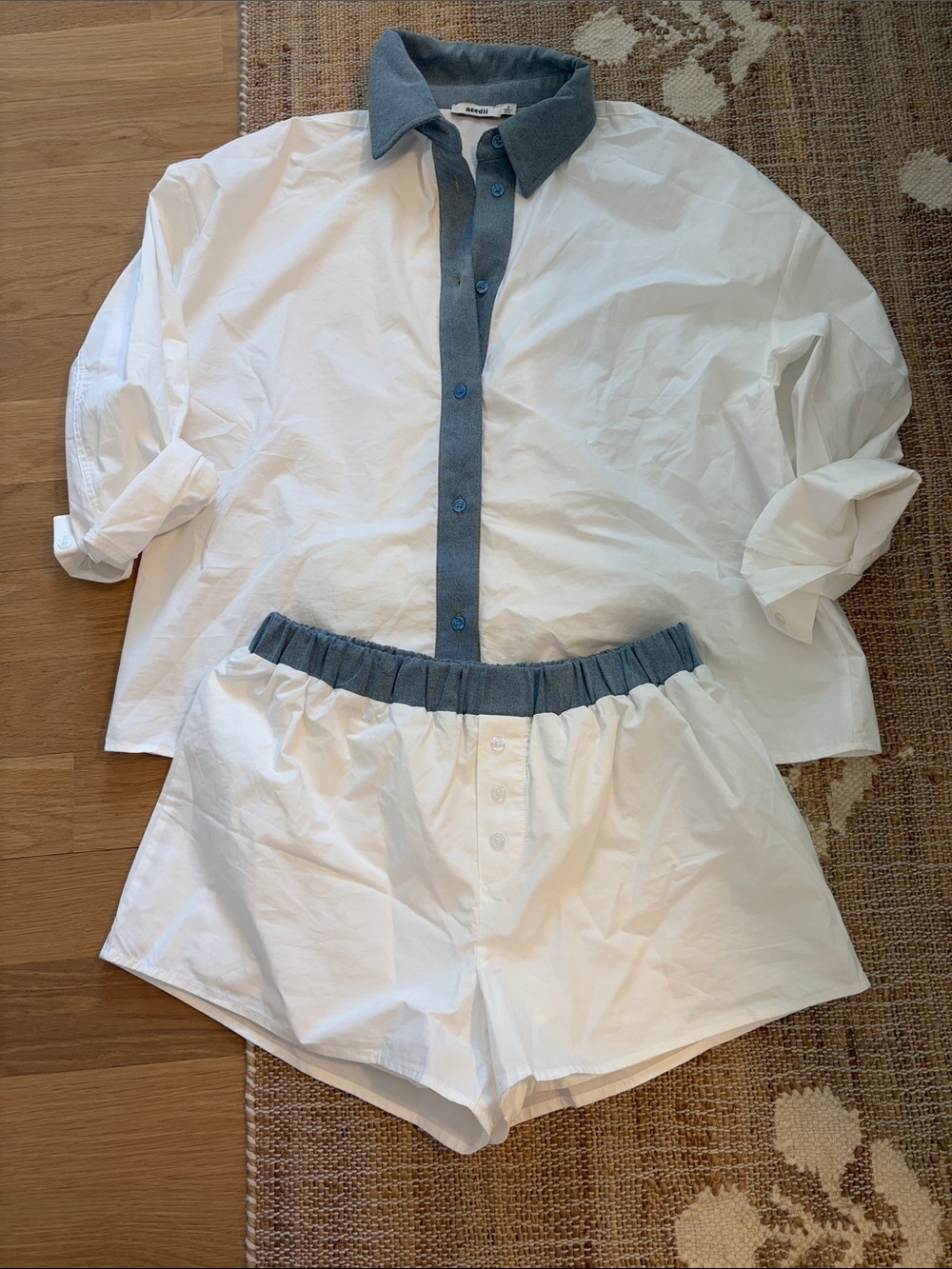 White & Blue Cotton Button Down and Boxer Style Shorts with Contrast Waistband